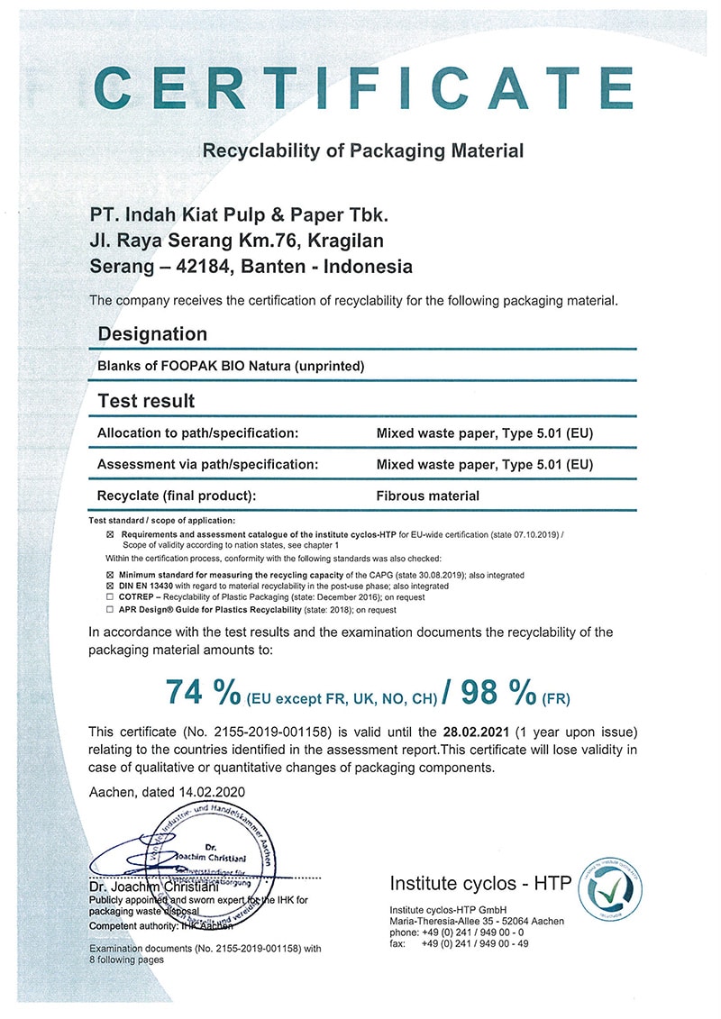 BIO Paper Recyclability Certification