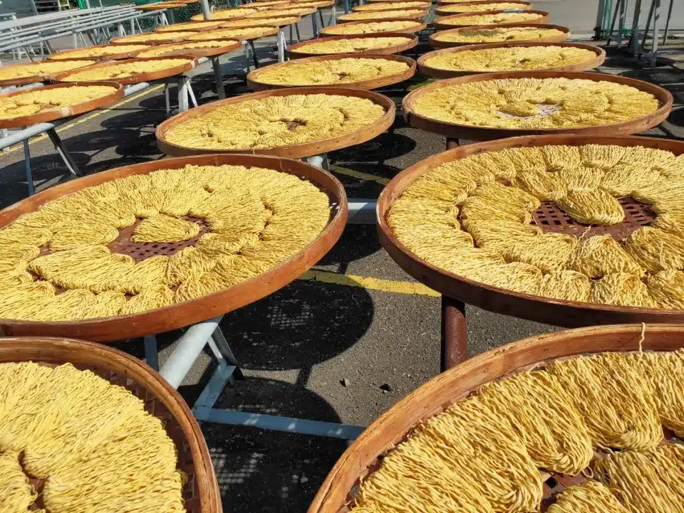 Noodles sun-drying on bamboo trays