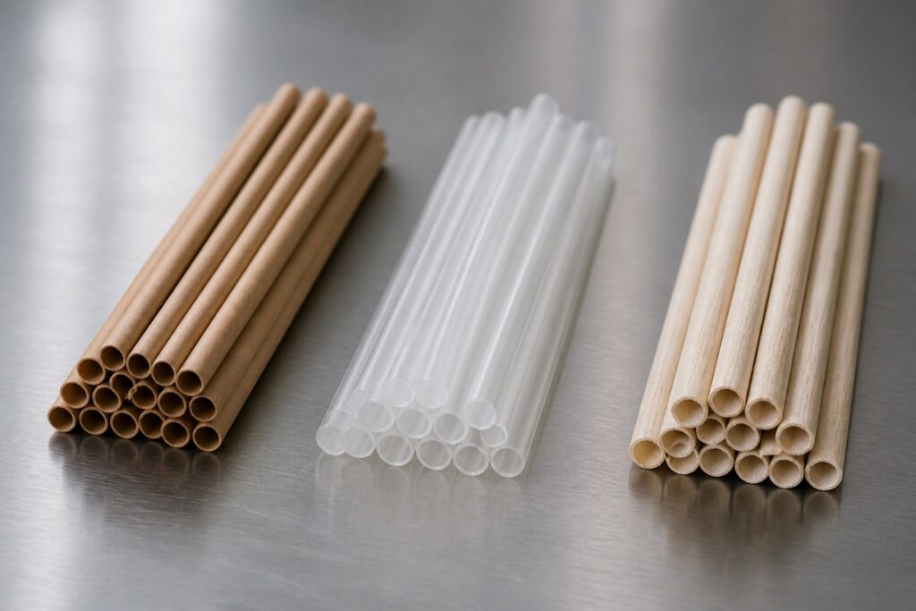 Paper, PLA and bagasse drinking straws compared side by side
