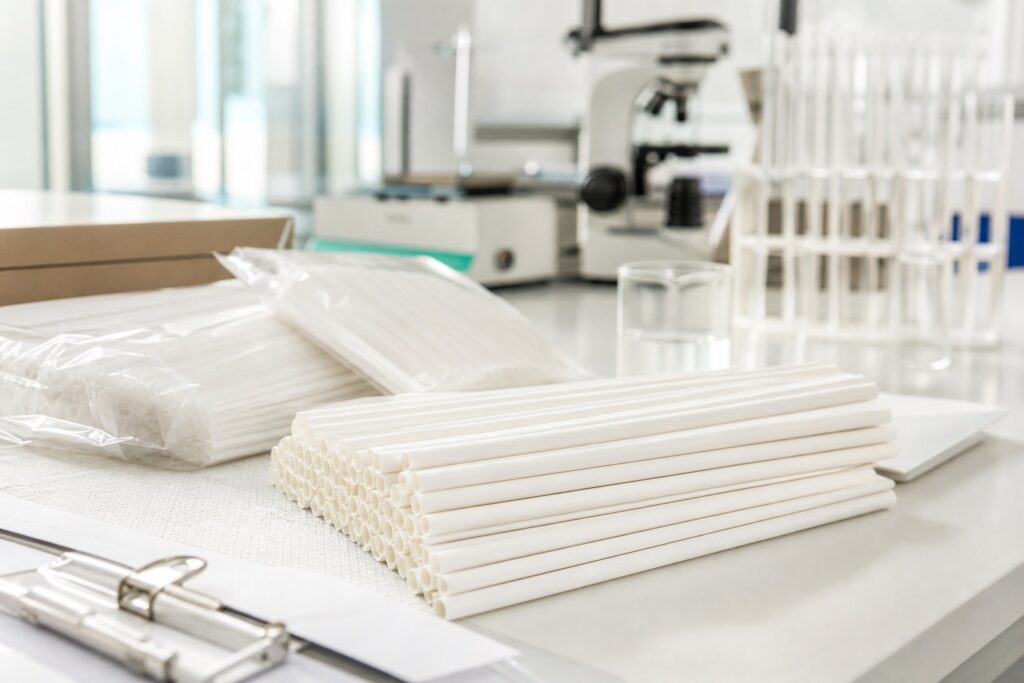 White food-contact paper straws on a clean inspection bench