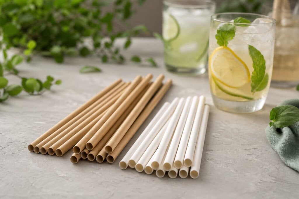 Eco-friendly kraft and white paper straws beside fresh iced drinks