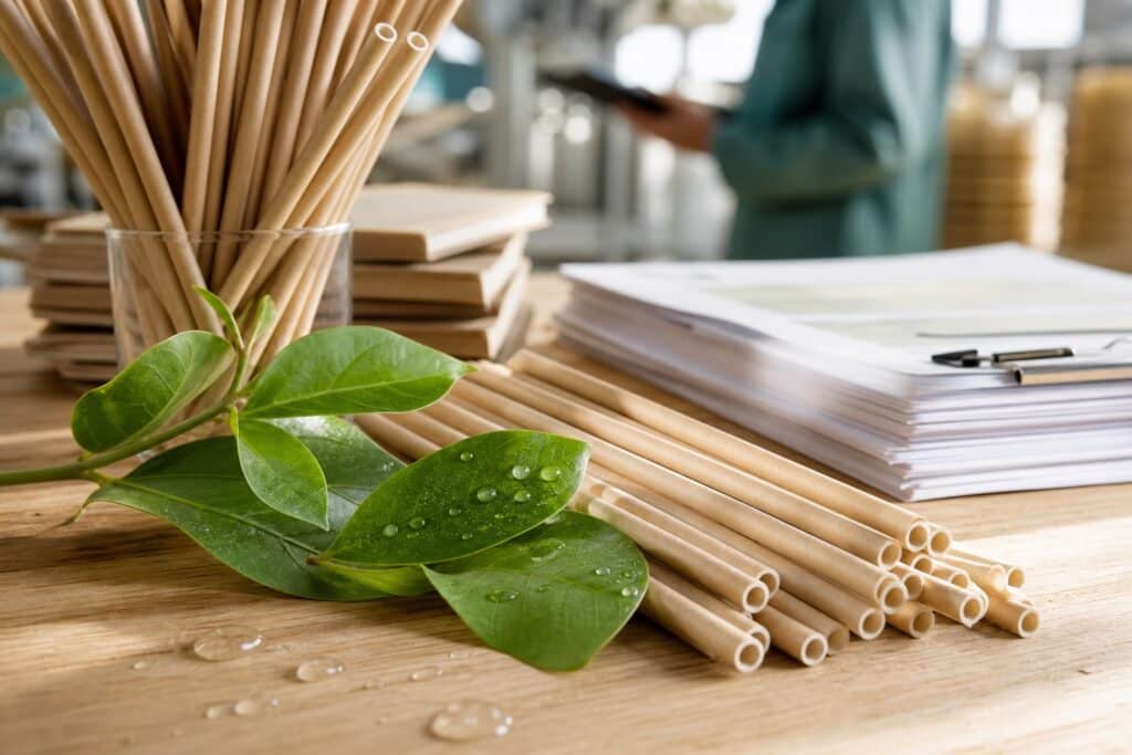 Kraft paper straws with fresh green leaves and water droplets