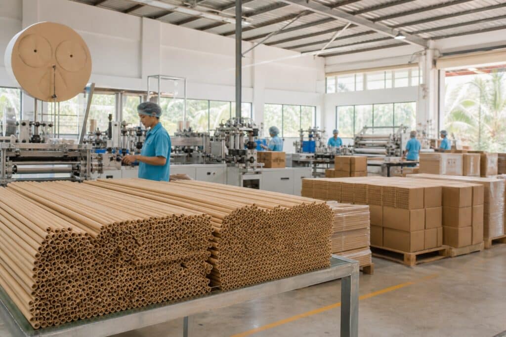 A Southeast Asian paper straw manufacturing facility with export cartons