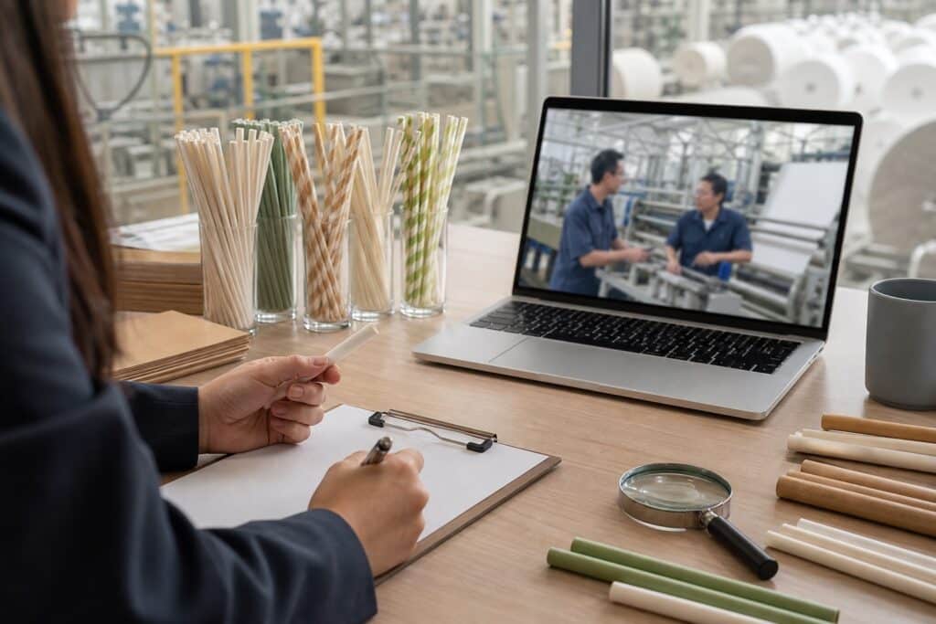 A buyer auditing a paper straw factory remotely with samples and a video call