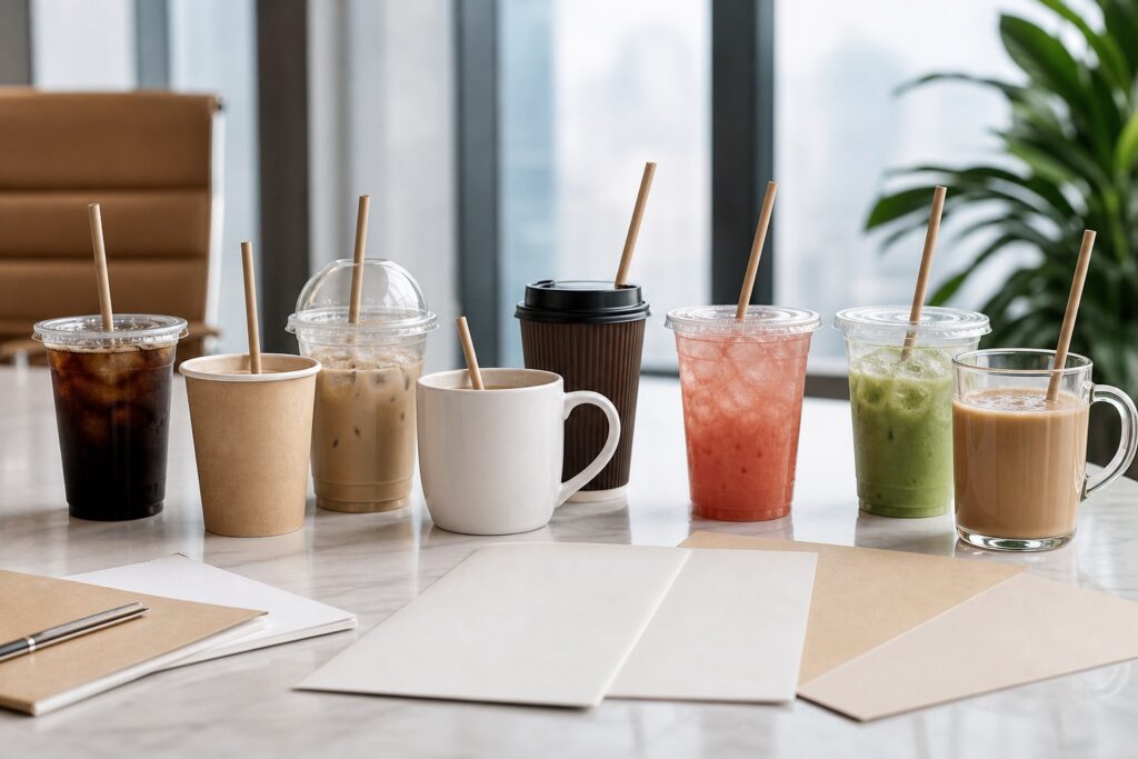 An array of different beverages each served with a paper straw
