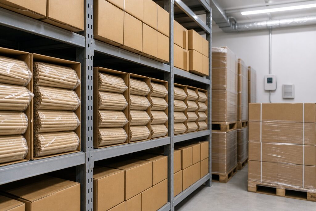 Wrapped kraft paper straws stored in cartons on warehouse shelving