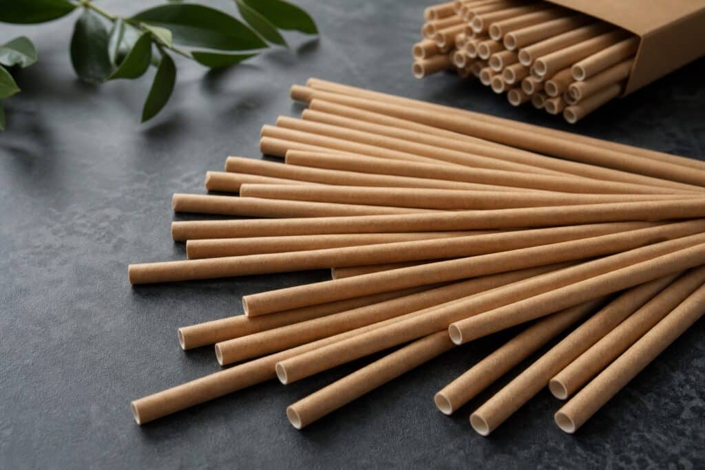 Kraft paper straws fanned out elegantly on a dark premium surface