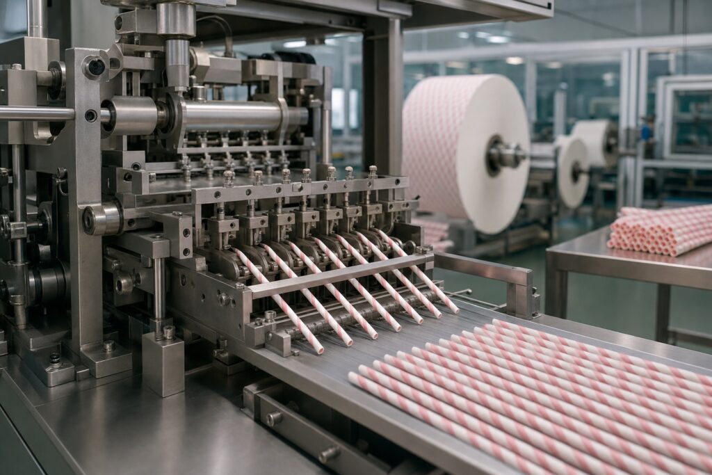 A paper straw making machine production line in a clean factory