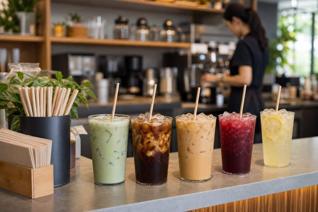 Iced drinks with paper straws at a cafe service counter
