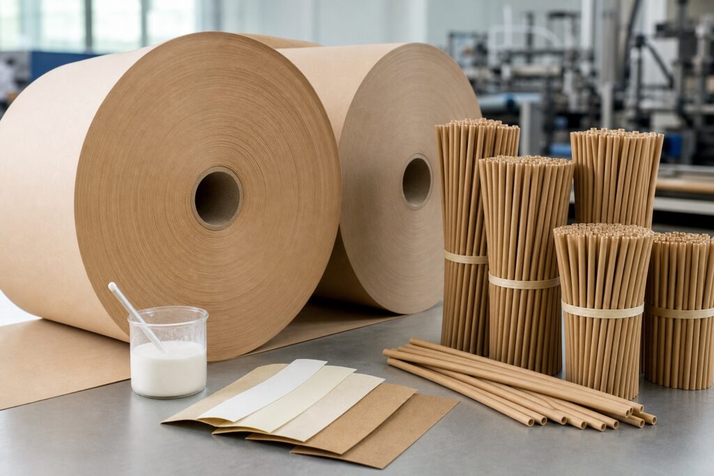 Food-grade kraft paper rolls beside bundles of paper straws