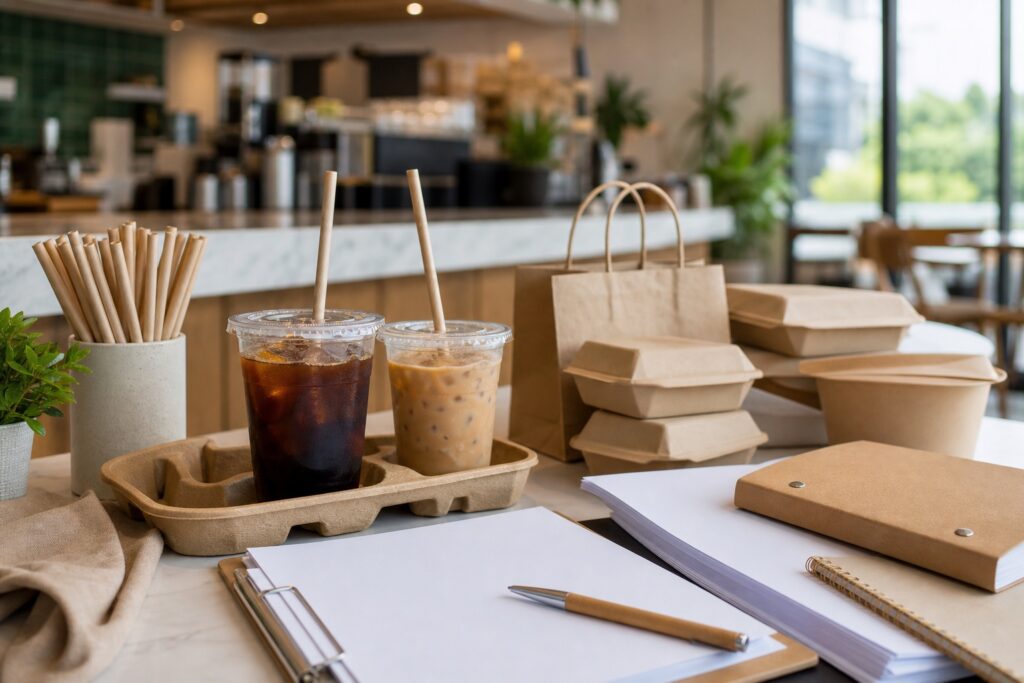 Các loại đồ uống đá dùng ống hút giấy tại quầy của một quán cà phê hiện đại theo phong cách Mỹ