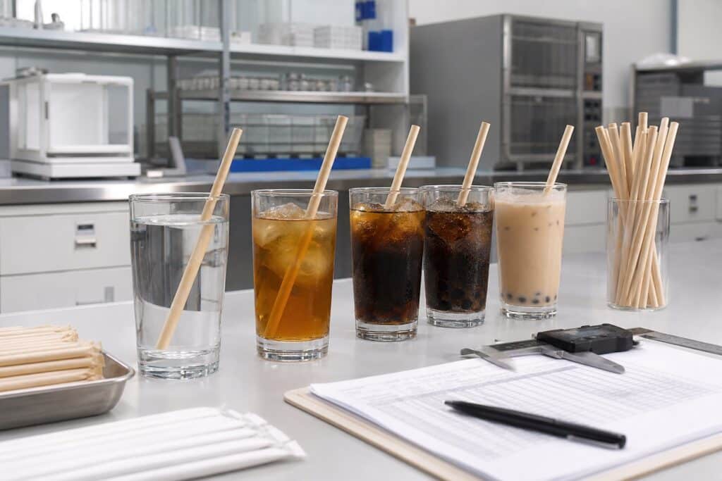 Paper straws soak-tested in glasses of different drinks on an evaluation bench