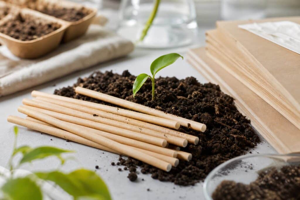 Paper straws in compost soil with a green sprout
