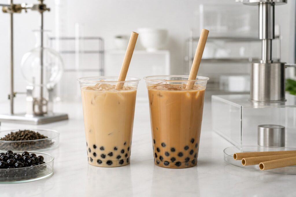 Bubble tea cups with wide paper straws and tapioca pearls