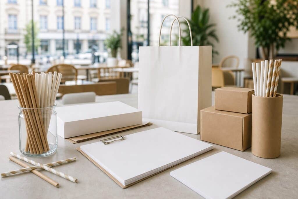 Paper straws and kraft packaging in a European cafe setting