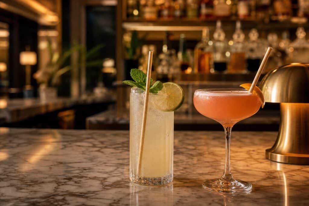Cocktails with paper straws on an upscale hotel bar counter