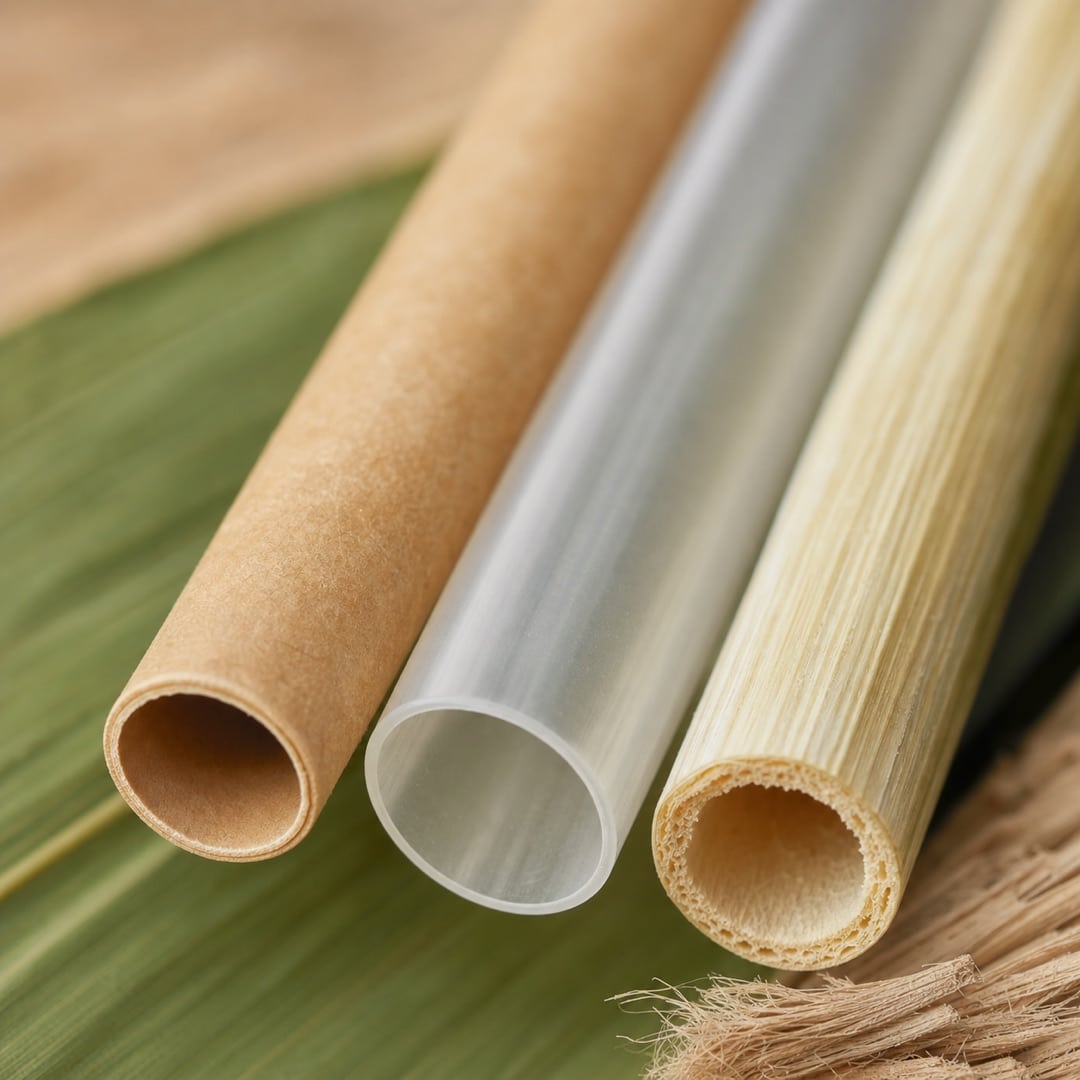 Ba vật liệu ống hút bền vững cạnh nhau: giấy, bioplastic và bã mía