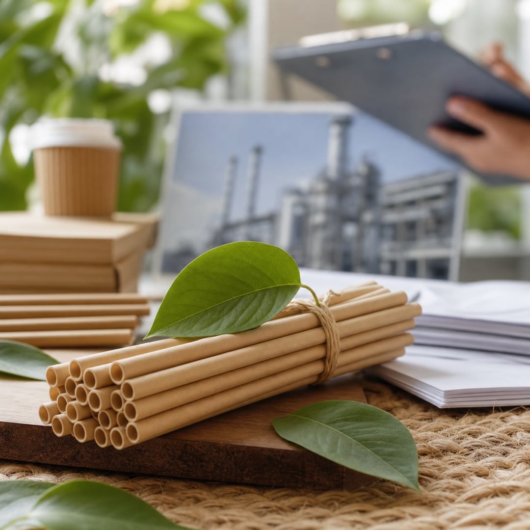 Paper straws bundled with a green leaf, sustainable theme