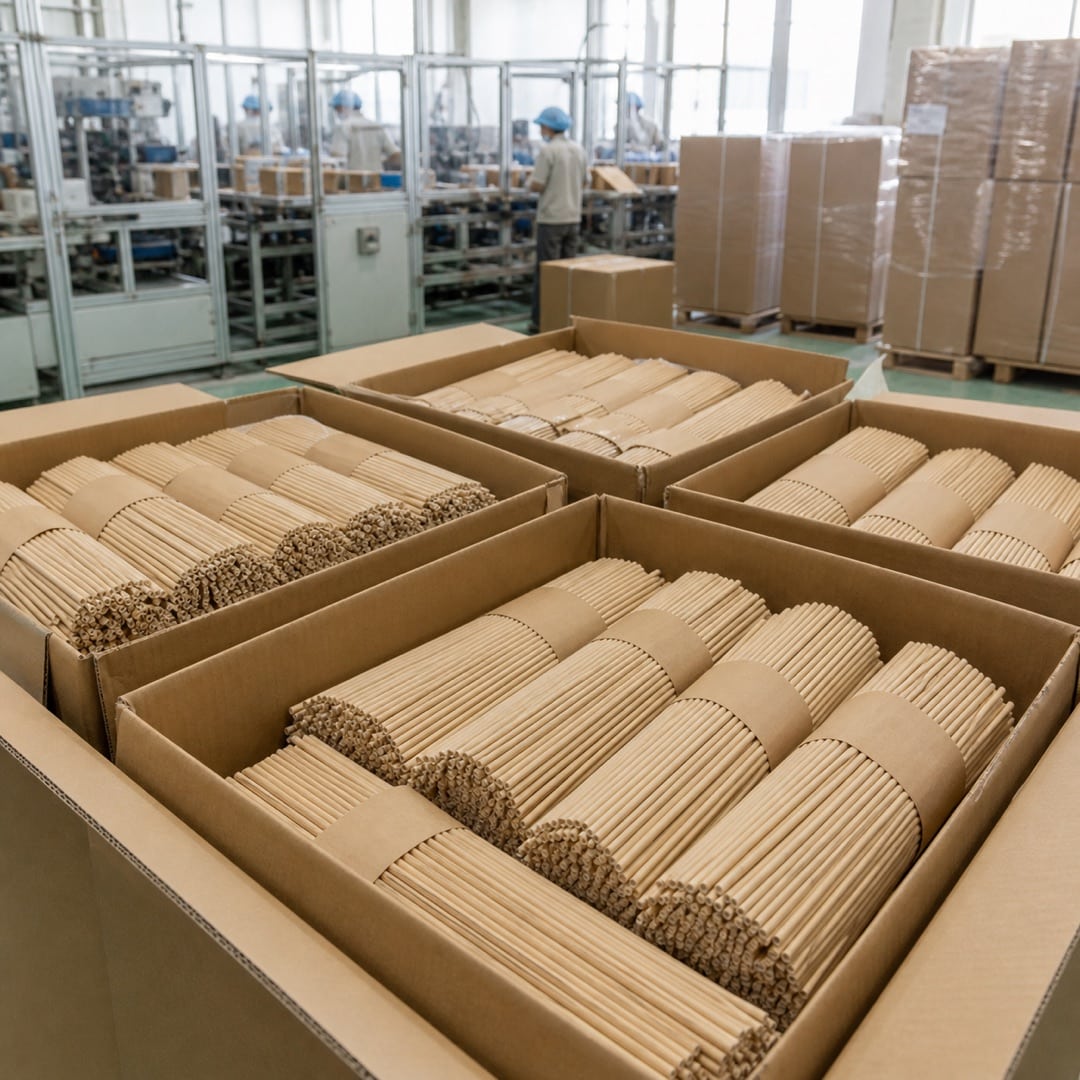 Bundles of kraft paper straws packed for export