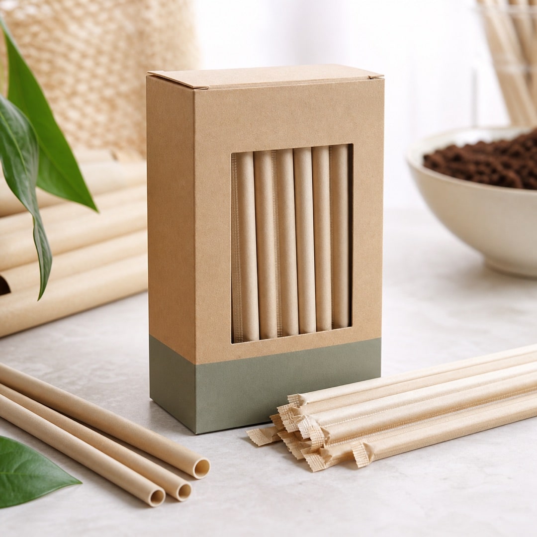 Wrapped kraft paper straws in unbranded retail packaging