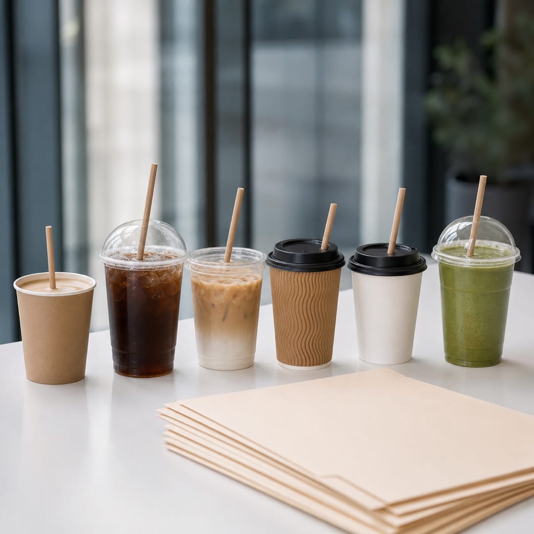 Several drinks lined up with kraft paper straws