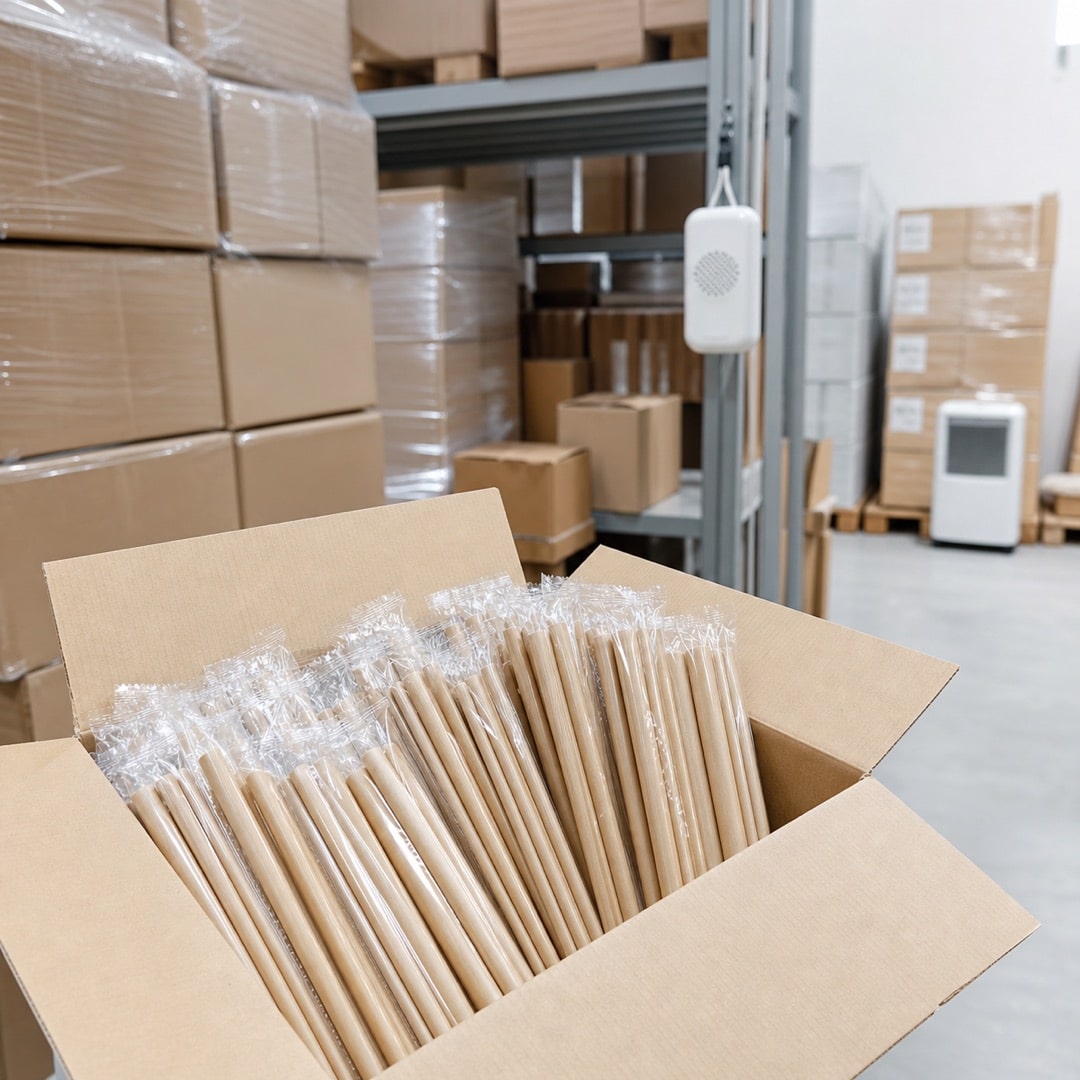 Wrapped paper straws in an open carton in dry storage