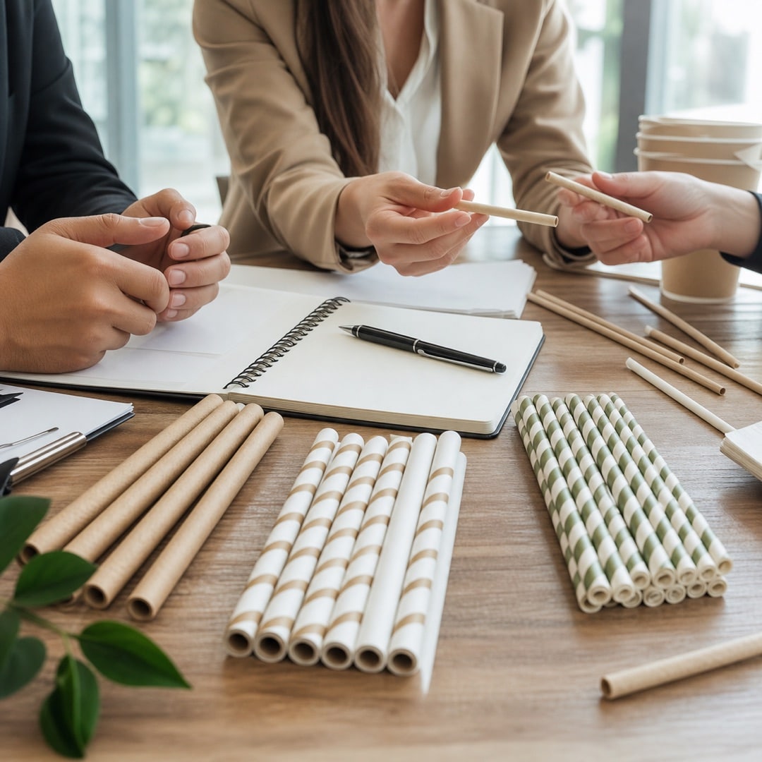 Paper straw samples on a meeting table with a notebook
