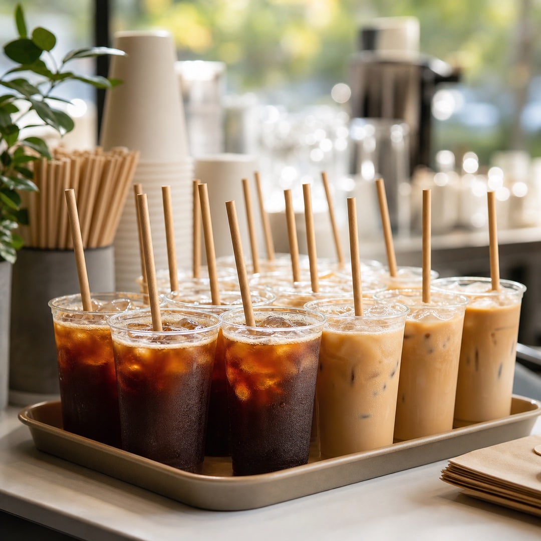 Khay nước uống iced cafe được phục vụ với các ống hút giấy