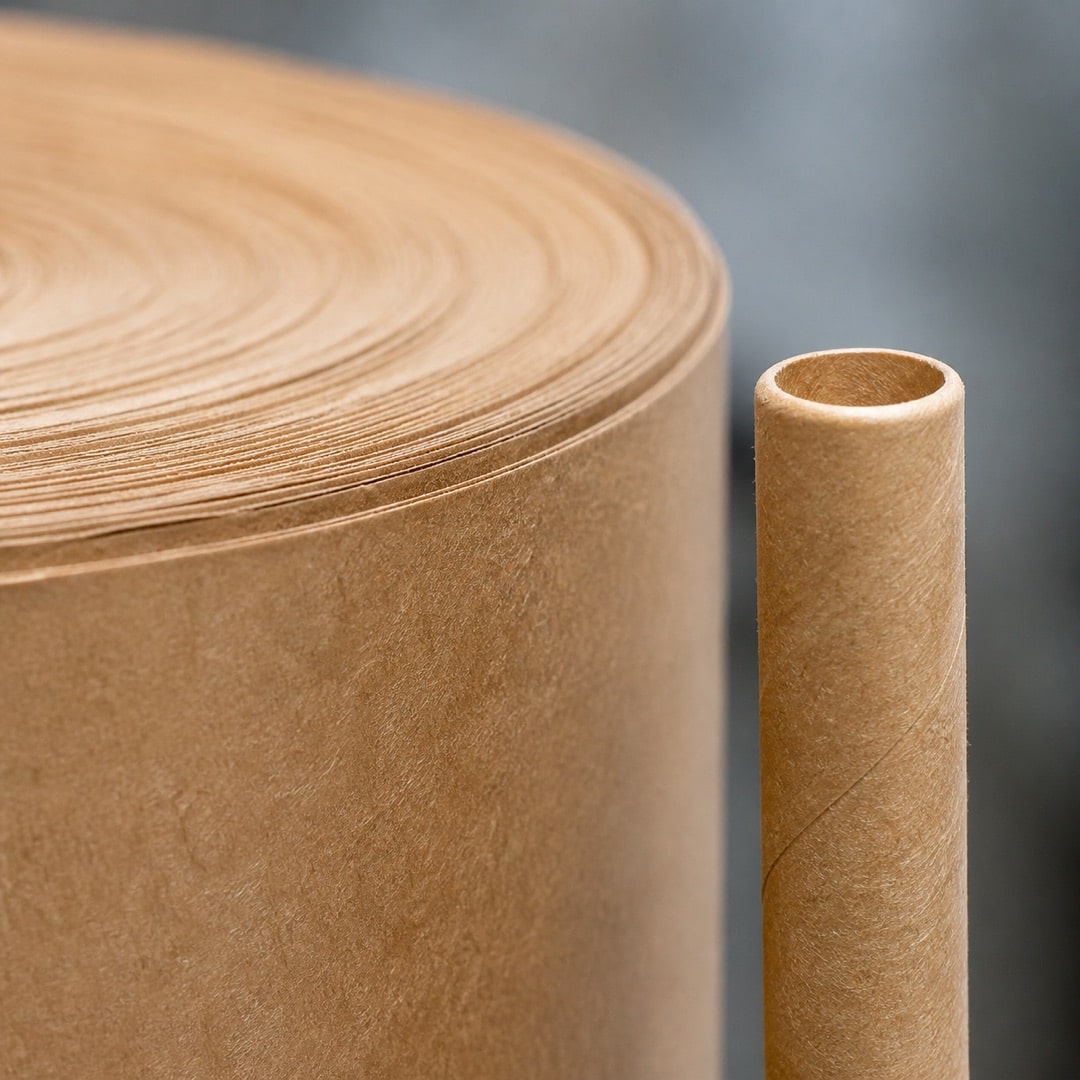 Macro of a kraft paper roll edge next to a paper straw
