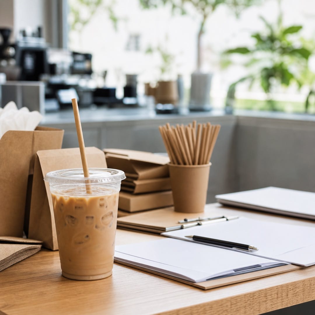 An iced coffee with a kraft paper straw in a to-go cup