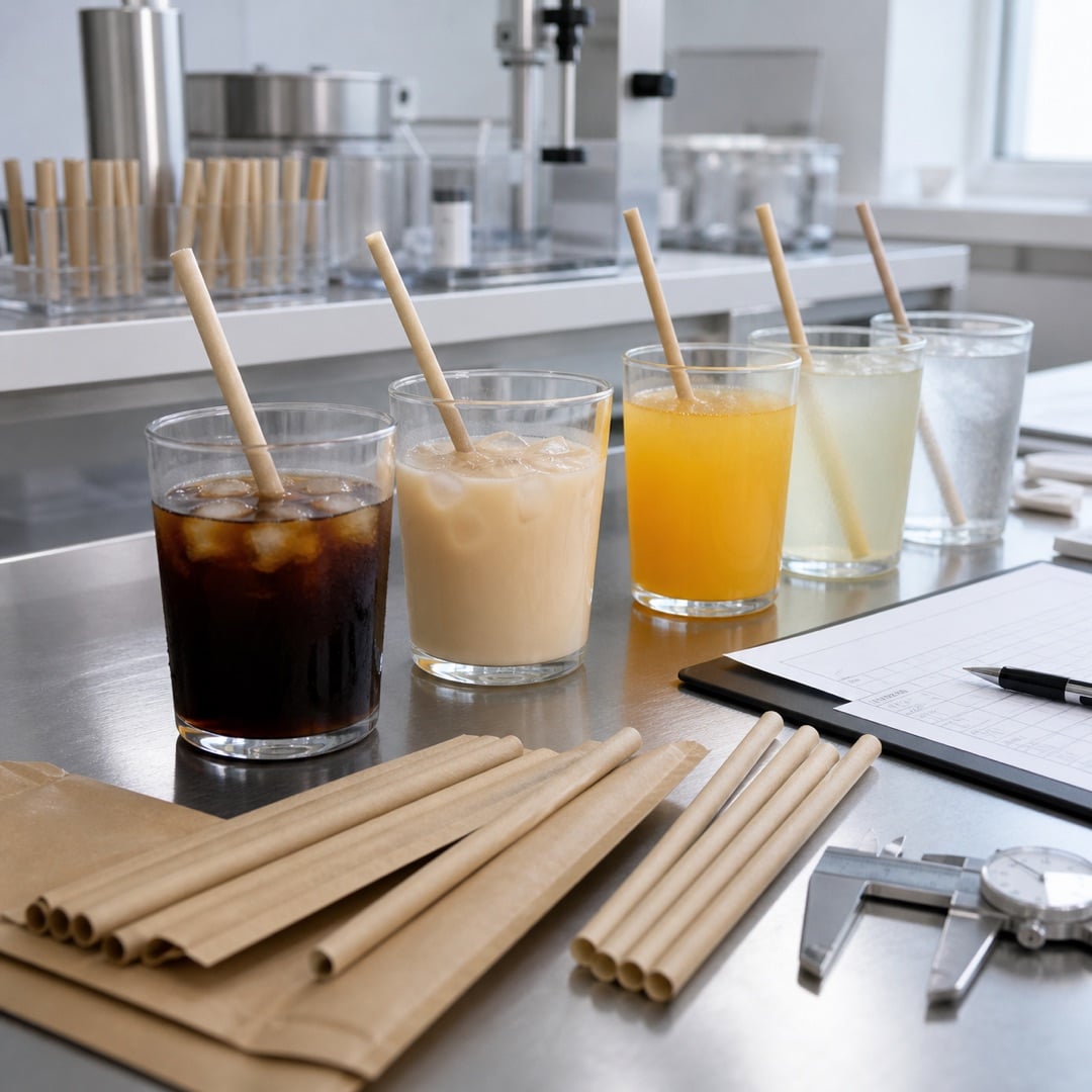Paper straws being soak-tested in various cold drinks