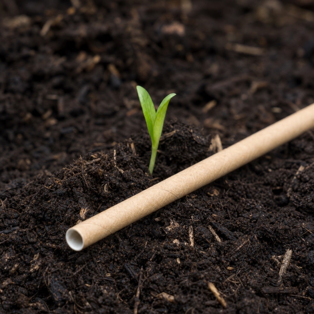 A paper straw on compost soil with a green sprout