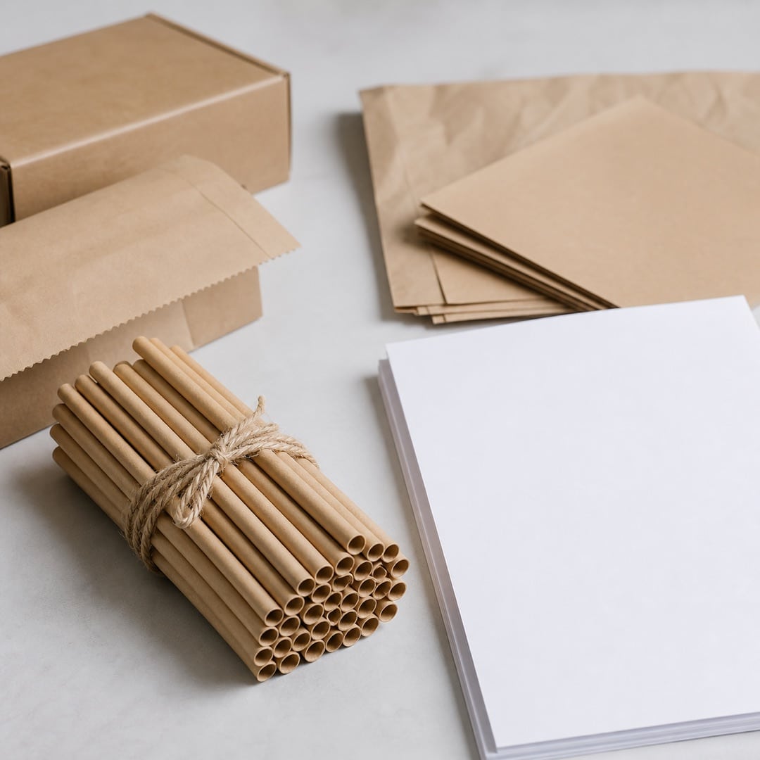 Một bó ống hút giấy kraft trên bề mặt nhẹ