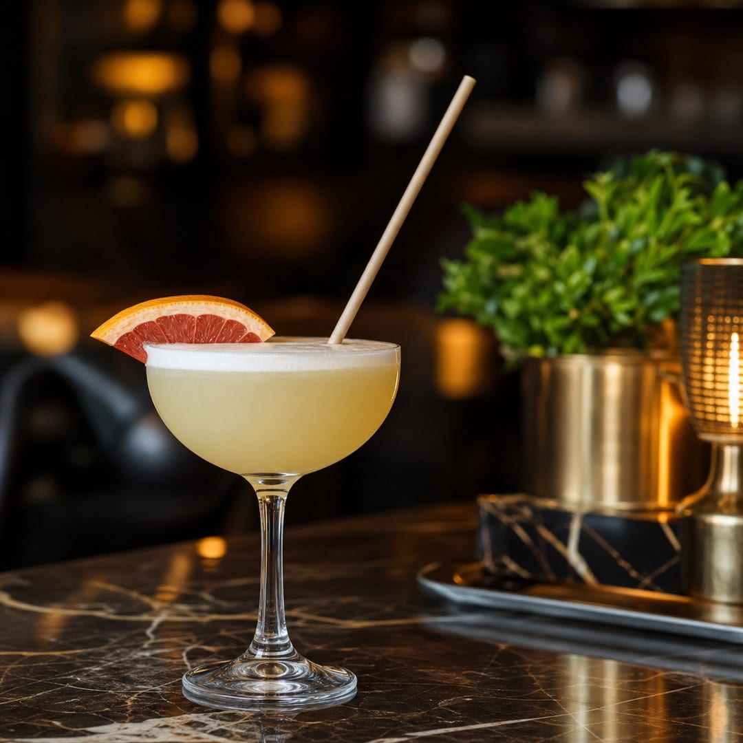 Một loại cocktail thủ công phục vụ bằng ống hút giấy tại một quầy tây đông lầu cao cấp