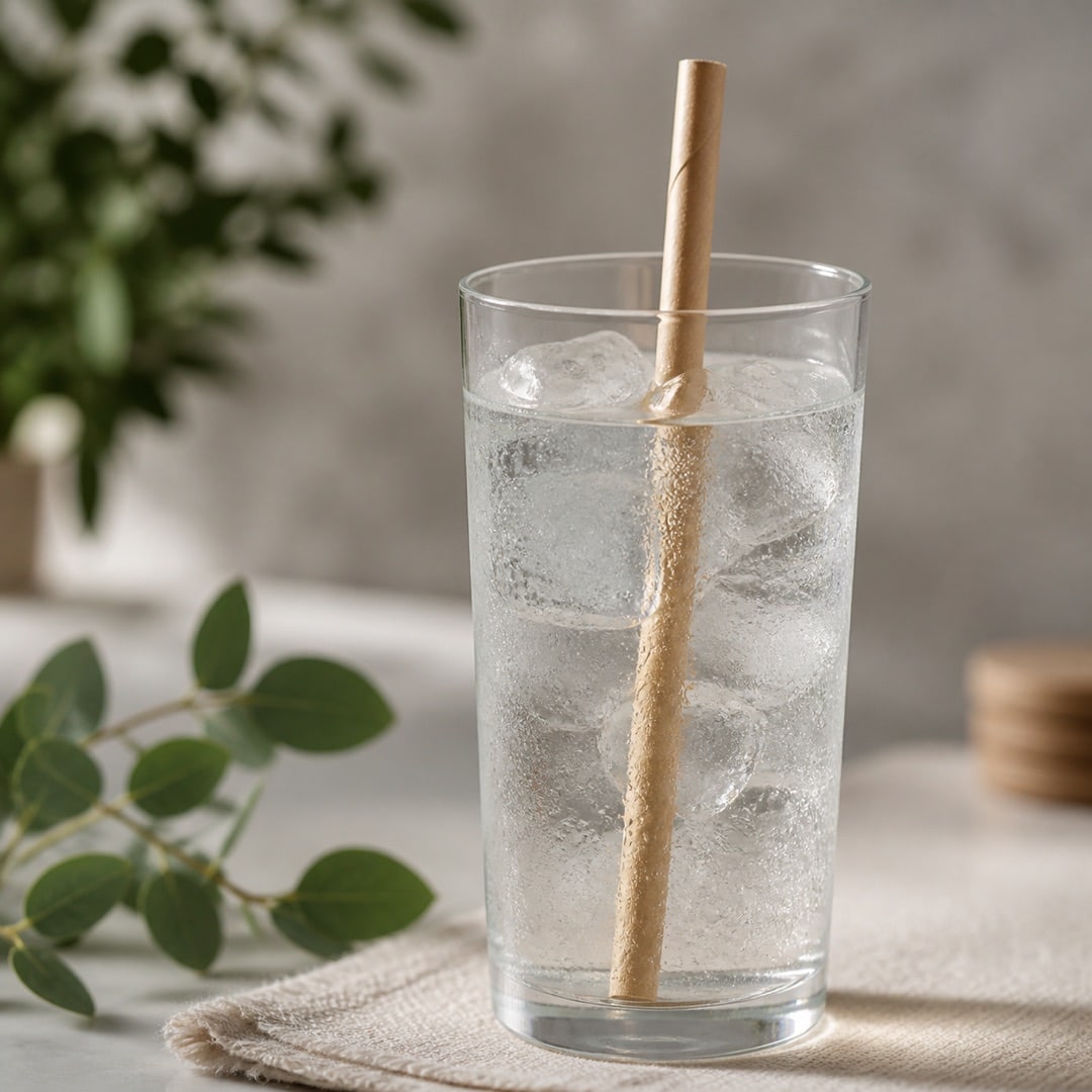 Một ống hút giấy được hình thành một mảnh giữ hình dạng của nó trong một ly nước đá